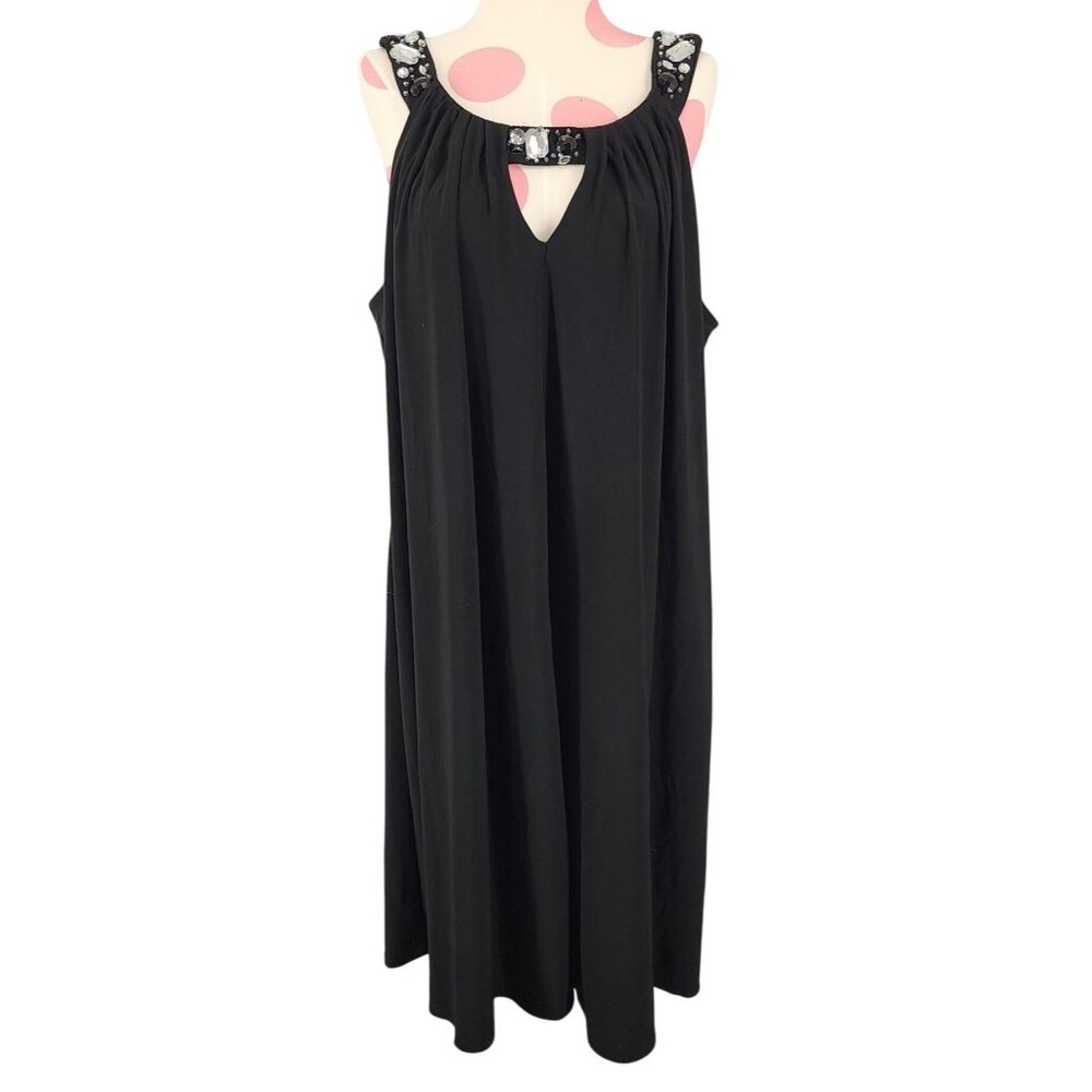 Women's Scarlett Nite Woman 14W Black Rhinestone Dress Pleated Jeweled Neckline